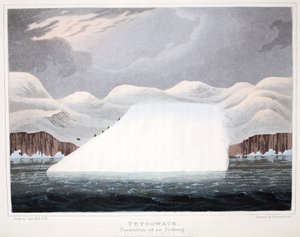 Petowacx, jäävuoren muodostuminen, kuvitus teoksesta "A Voyage of Discovery...", 1819 (käsinvärinen kaiverrus)